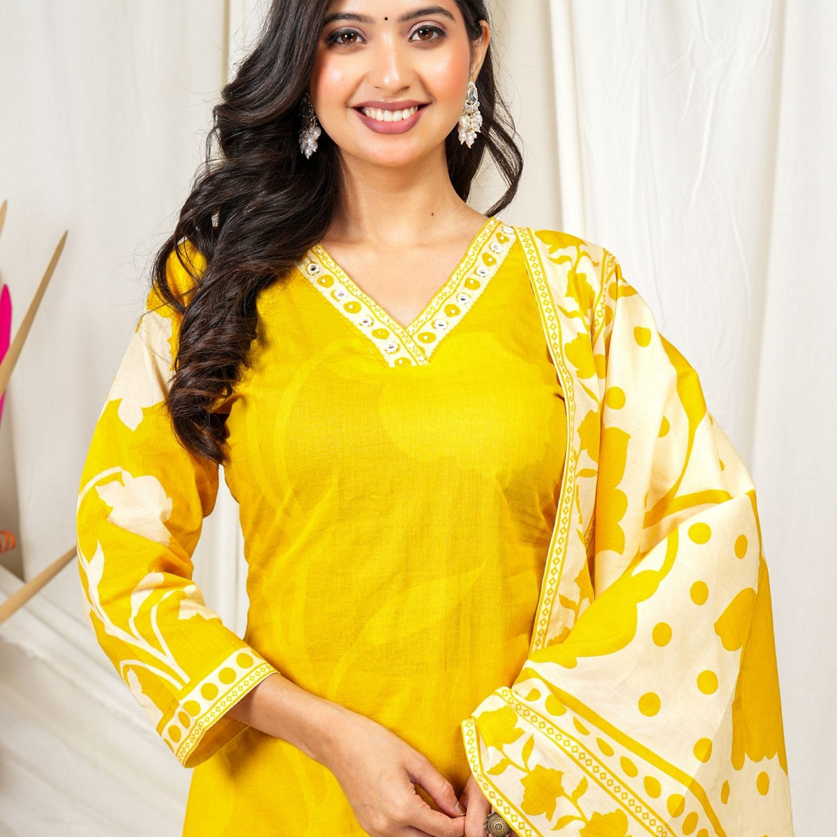 Yellow Floral Printed Cotton A-Line Suit Set With Dupatta